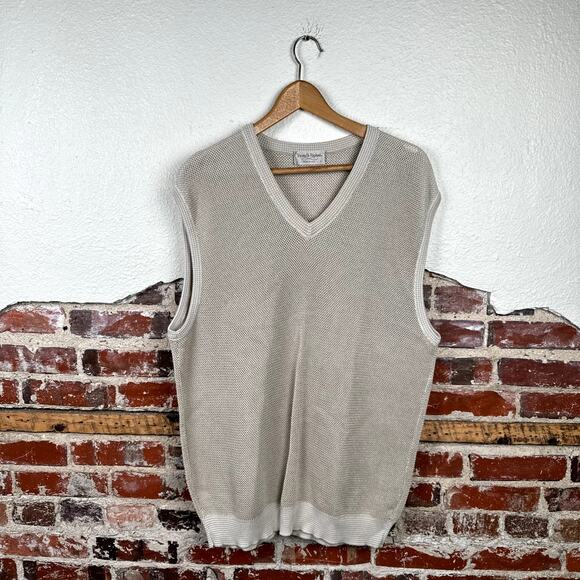 Vintage Tricots St Raphael Sweater Size Large Tan Cotton V Neck Vest USA 90s - Picture 1 of 5